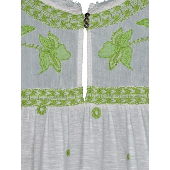 Free People White Swing Babydoll Top Embroidered Lime Green Boho Peasant Small S - Picture 3 of 8
